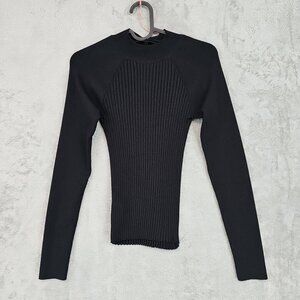 Mango Top Womens Size 4 Black Ribbed Knit Slim Fit Tie Back Elegant Stretch